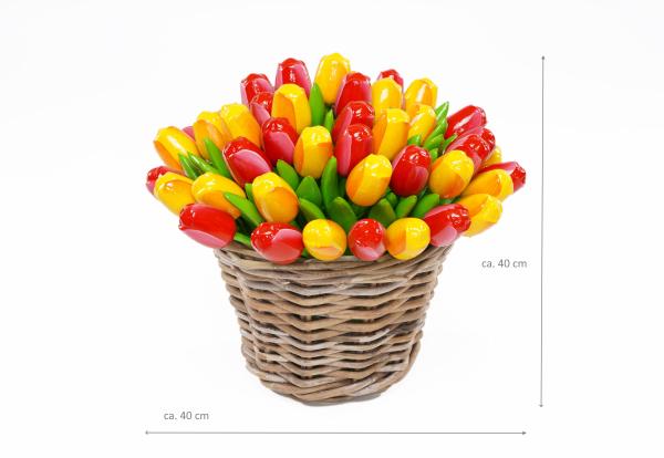 50 wooden tulips each 34 cm high in a wicker basket, hand-painted, wooden flowers, wooden decoration, wooden art tulips, Made in Holland